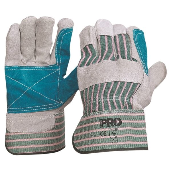 Green & Grey Striped Cotton / Leather Gloves - Large